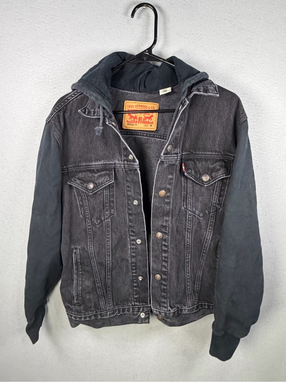 Levi's Black Hooded Denim Jacket with Dark Sleeves